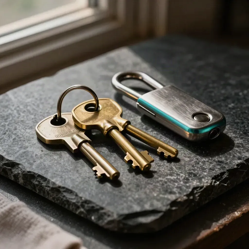 Brass keys, lock cylinder and steel access fob on dark stone under dramatic light.
