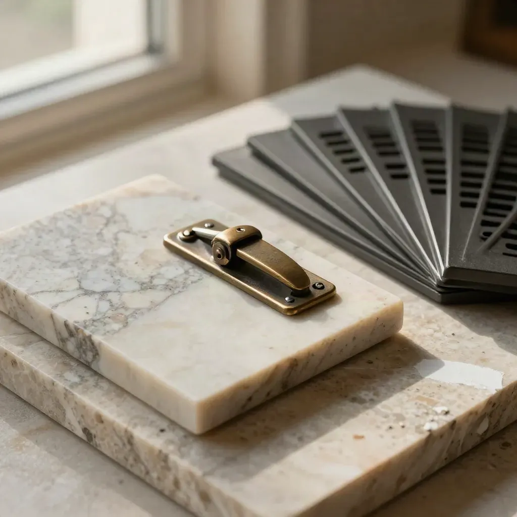 Marble samples, bronze latch plate, and vent grille in an architectural materials set.