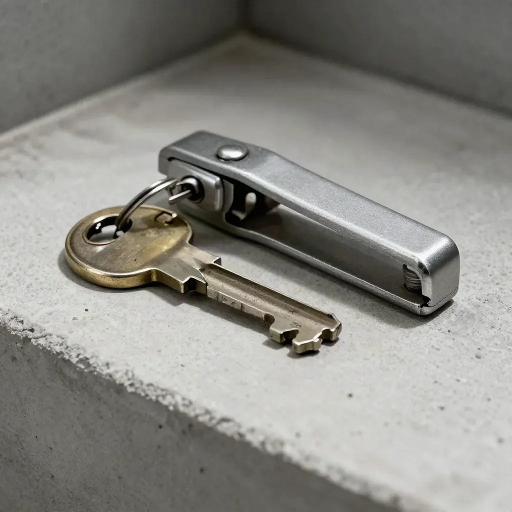Elevator service key, hinge pins and a door closer arm on pale concrete in raking light.