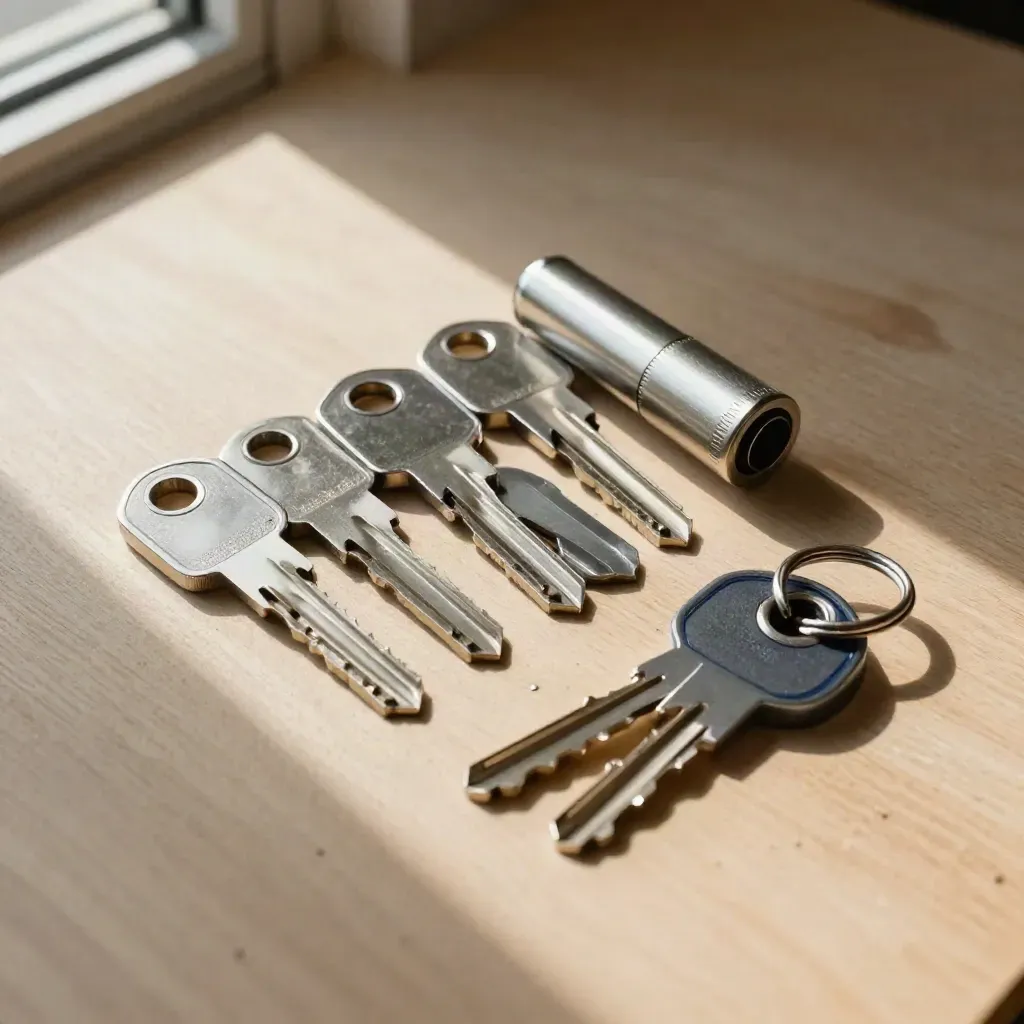 Top-down realty turnover kit with key blanks, deadbolt cylinder and graphite key ring on pale wood.