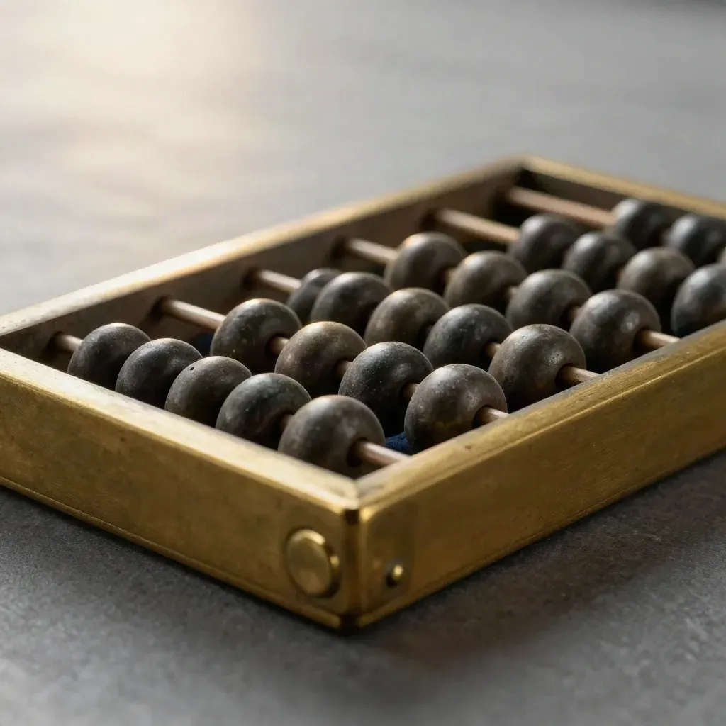 Extreme macro of a vintage brass abacus with three dark beads settling on graphite stone.