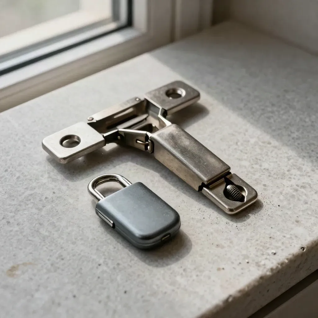 Door hardware, a security fob, and spring latch on brushed stone with fine powder haze.