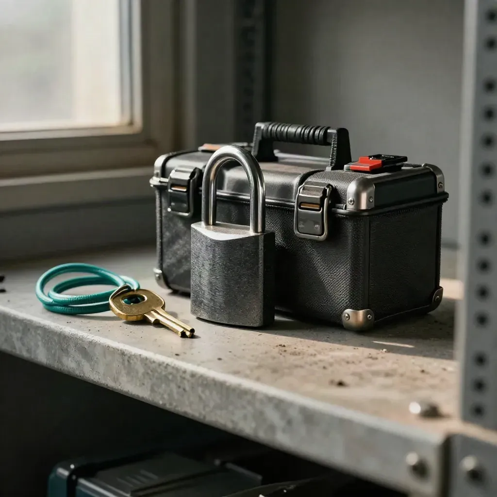 Lockout padlock, master key, and tag loop beside a maintenance kit in dramatic studio light.