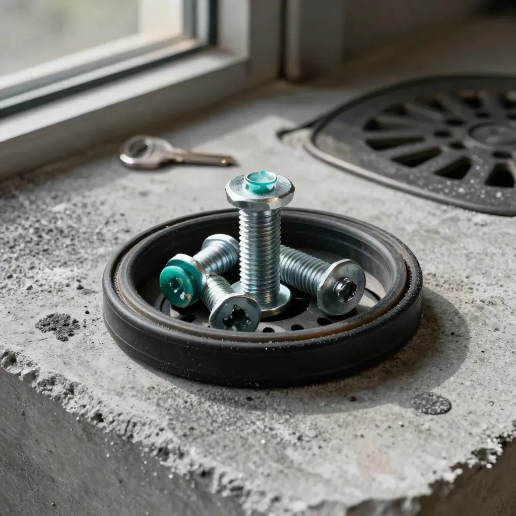 Salt-dusted drain cover, stainless fasteners, and a rubber gasket on concrete with teal accent