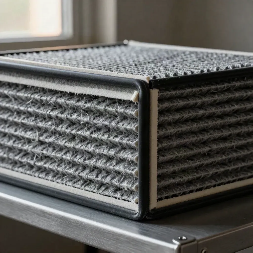 Close macro of stacked HVAC filter corners and a rubber gasket ring on a gray metal shelf.