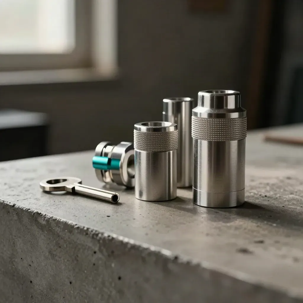 Three lock cylinders and a key blank on concrete under dramatic workshop light