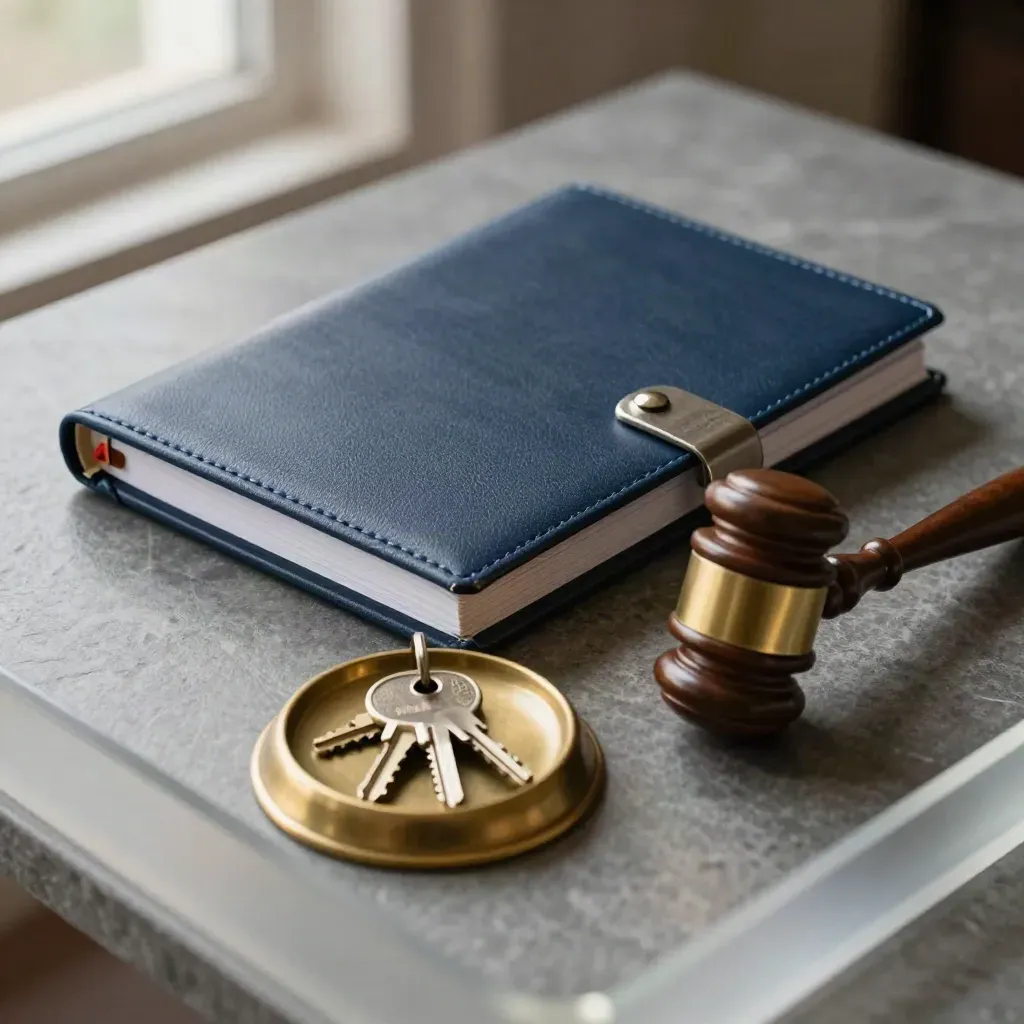 Agenda binder, brass key tray, and gavel on stone, seen through frosted acrylic