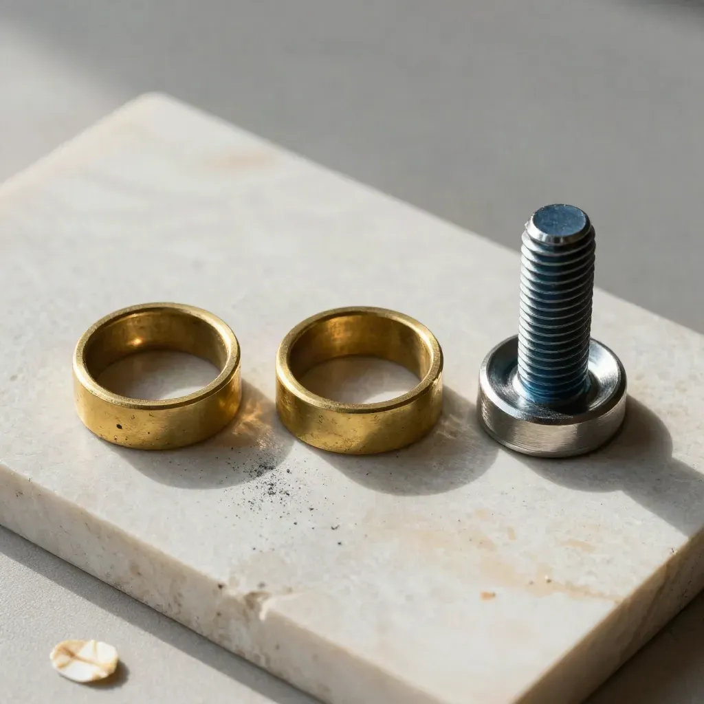 Top-down still life of brass rings, a bolt, and steel spacer on stone
