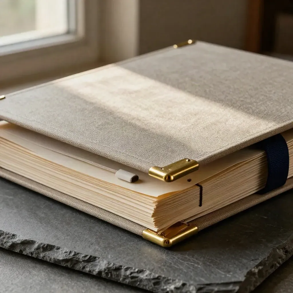 Macro of a linen board binder with brass corners and clips, settling shut on stone.