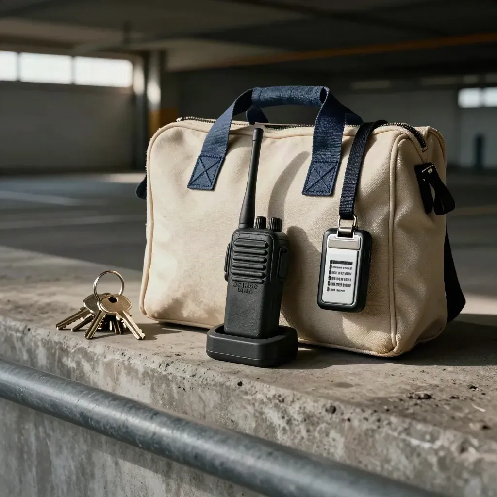 Property manager kit with keys, walkie-talkie dock and access fob beside a site bag in garage light.