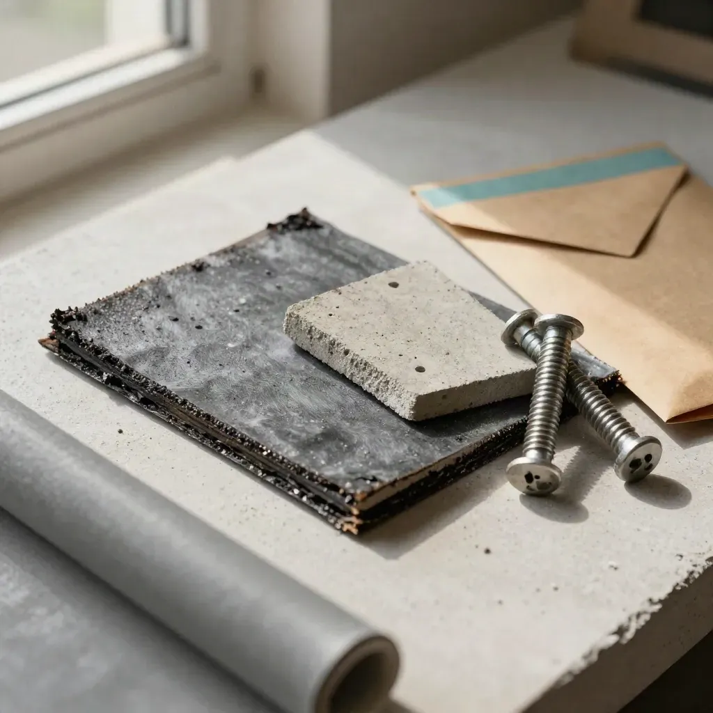 Roof membrane swatch, concrete core sample, fasteners and sealed envelope on a concrete slab.