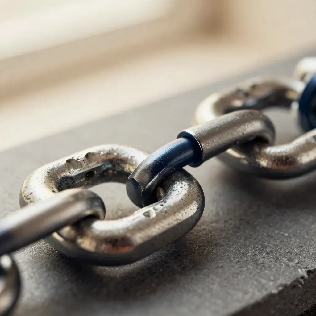 Three machined aluminum links align on graphite stone with a navy accent.