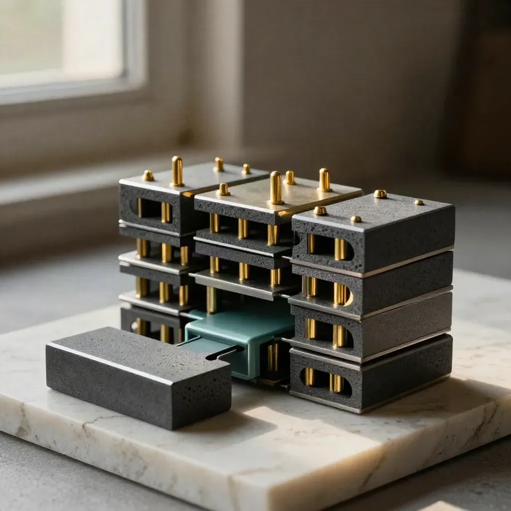 Graphite modular blocks with brass pins and teal accent on limestone, lit dramatically.