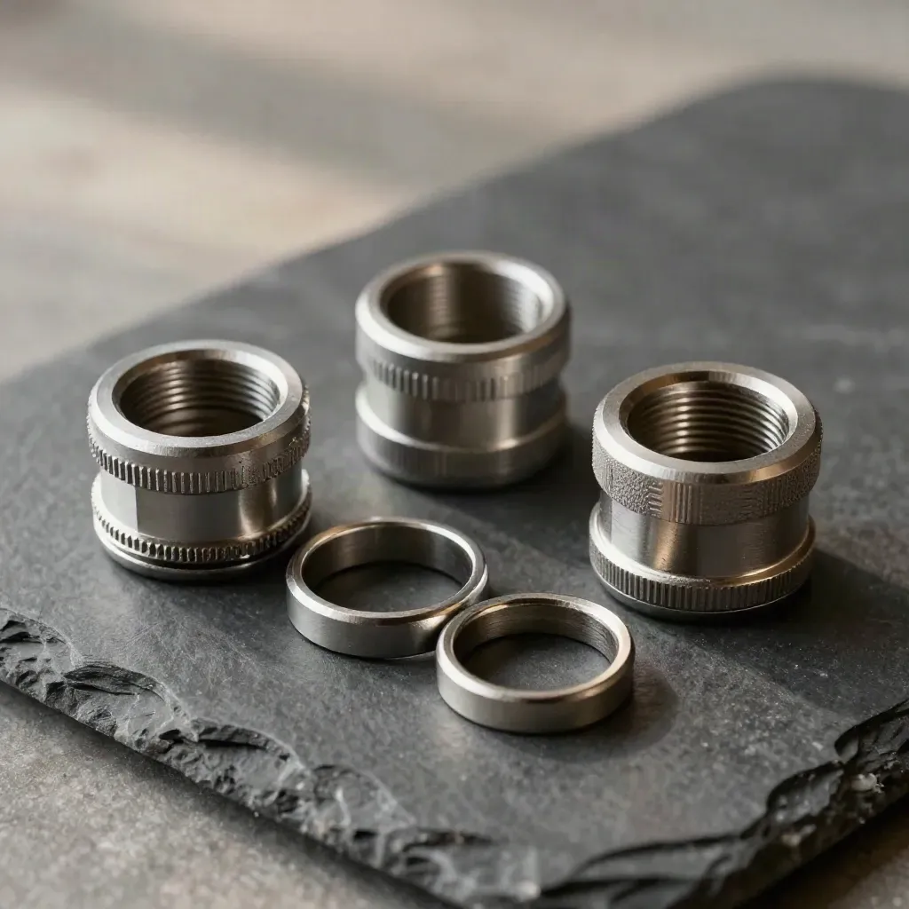 Four matte metal couplers and linked rings on stone, seen from above in soft daylight.