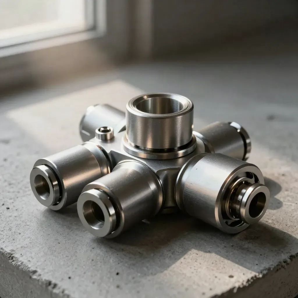 Machined connectors, split ring, and rail joint in a tight top-down studio still life.