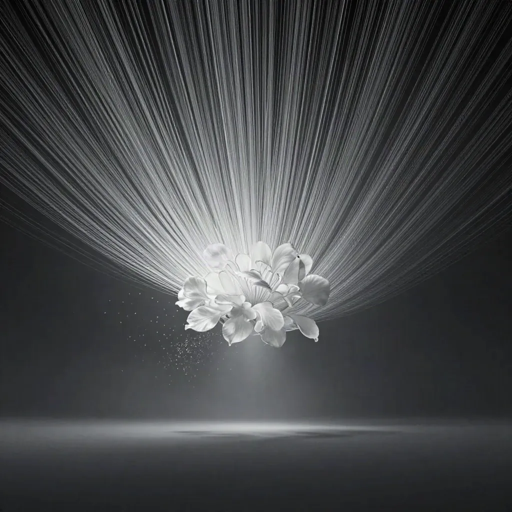 Silver filaments converge into a soft white bloom in dark graphite haze.